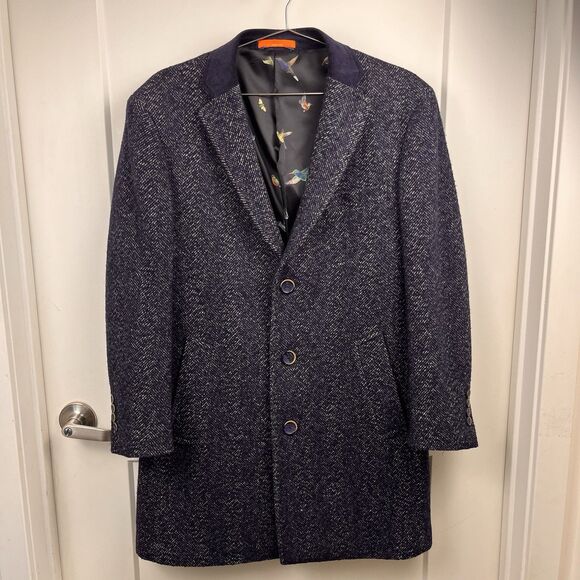 Tallia Herringbone Wool Overcoat Topcoat Blazer Jacket Navy 3 Button Tweed 40" - Picture 1 of 14